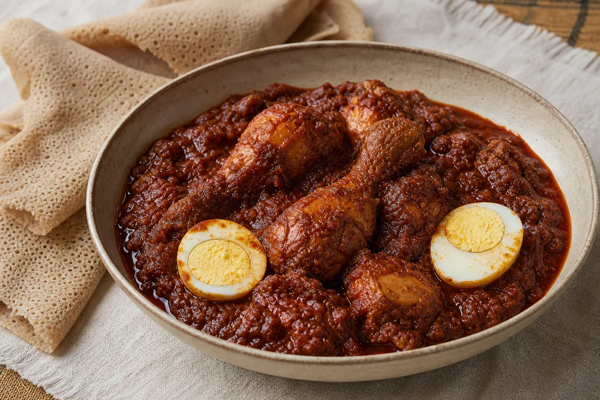 A bowl of Ethiopian Doro Wat with chicken, hard-boiled eggs, berbere sauce, and injera.