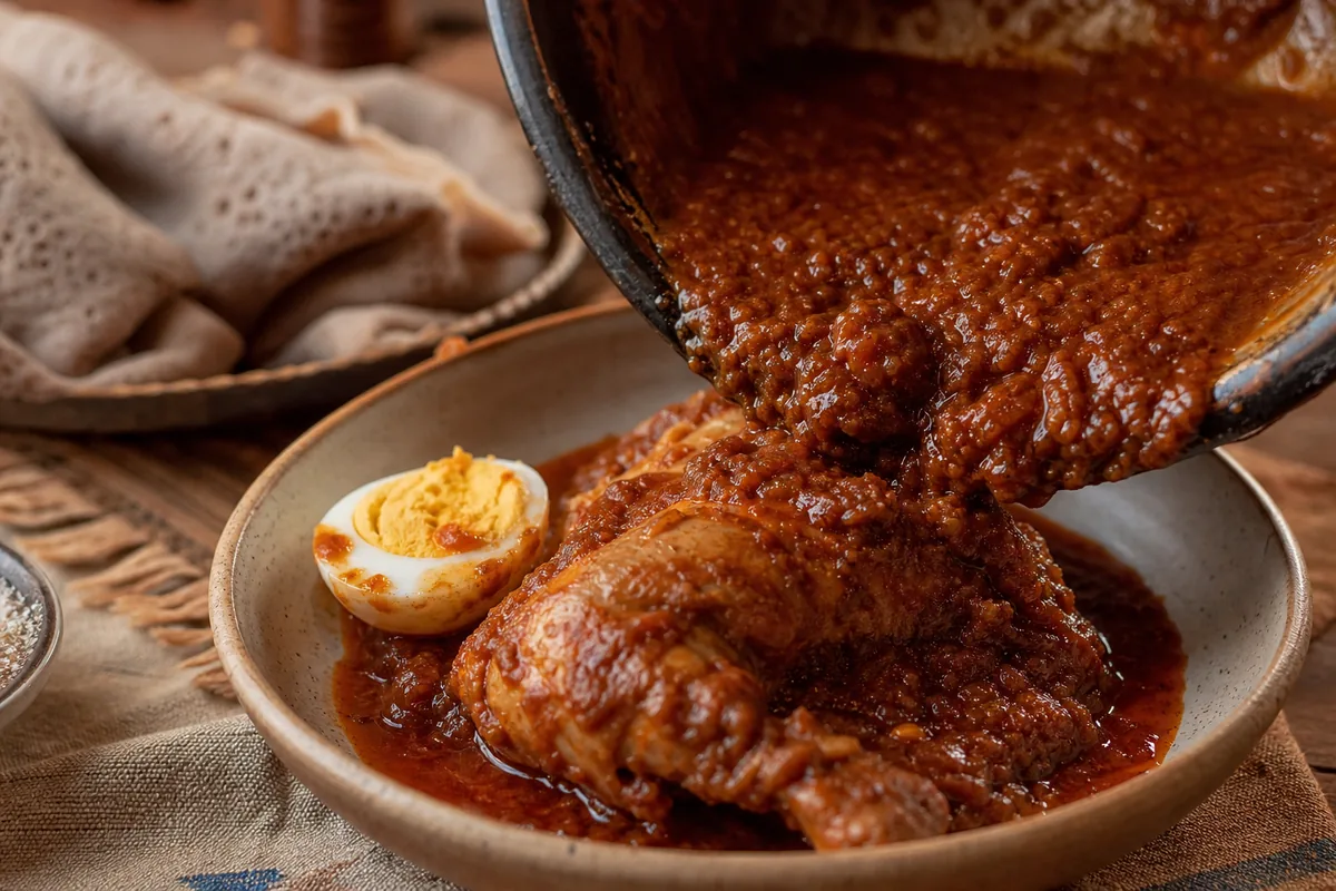 Doro Wat being served over tender chicken with a hard-boiled egg and injera in the background.