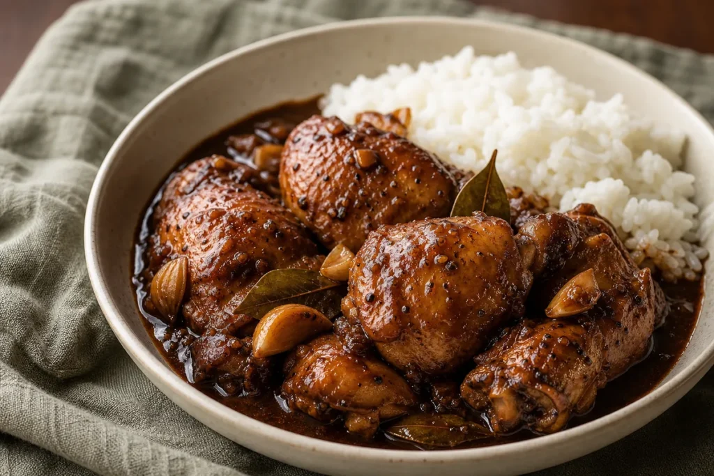 Filipino Chicken Adobo with glossy soy-vinegar sauce, garlic, bay leaves, black pepper, and white rice.