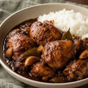 Filipino Chicken Adobo with glossy soy-vinegar sauce, garlic, bay leaves, black pepper, and white rice.