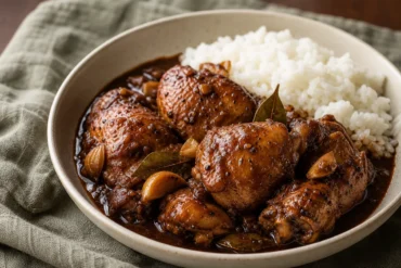 Filipino Chicken Adobo with glossy soy-vinegar sauce, garlic, bay leaves, black pepper, and white rice.