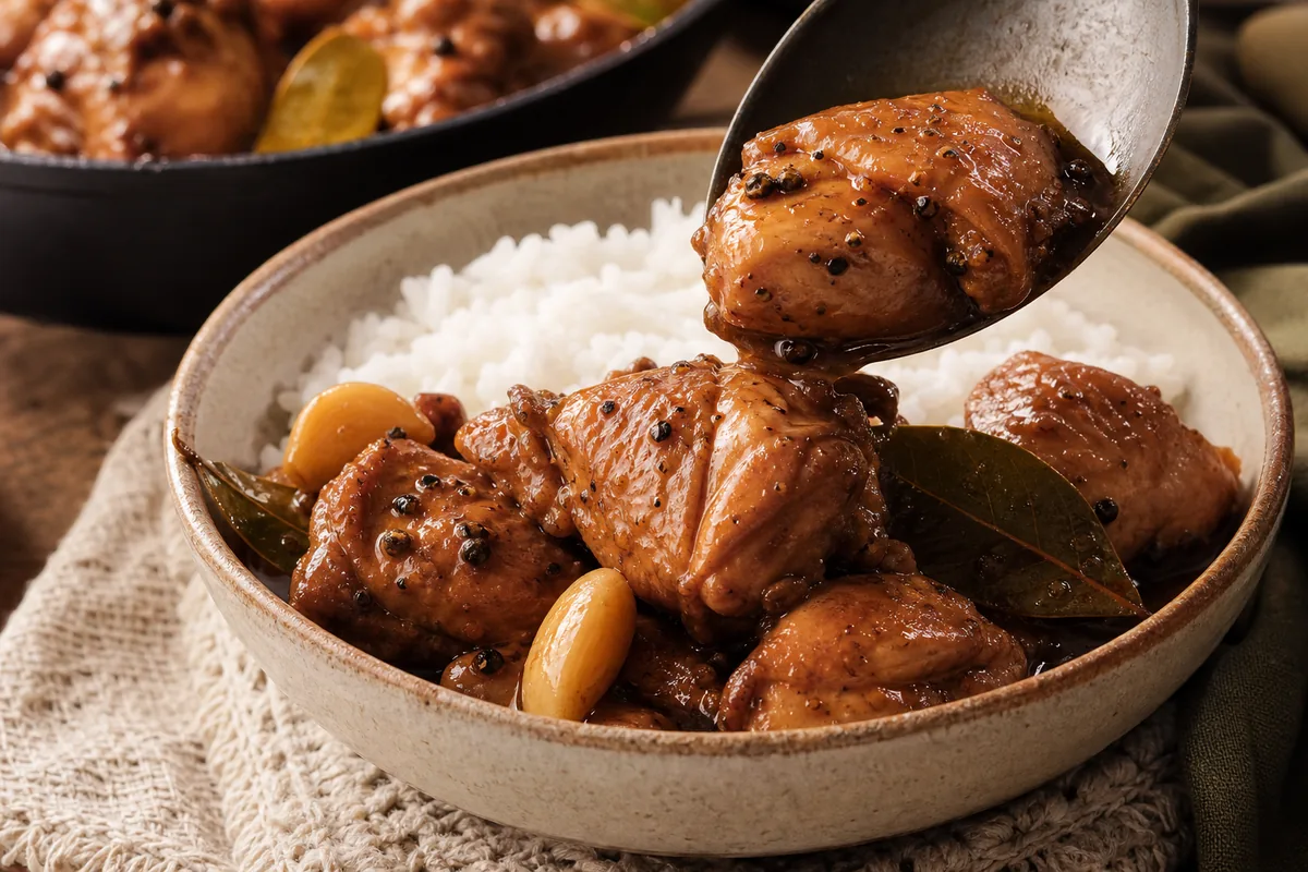 Glossy Filipino Chicken Adobo being spooned over steamed rice with garlic, bay leaves, and black pepper.