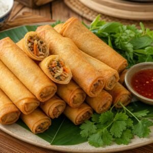 Crisp Filipino lumpia filled with pork and vegetables beside sweet chili sauce.