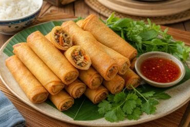 Crisp Filipino lumpia filled with pork and vegetables beside sweet chili sauce.