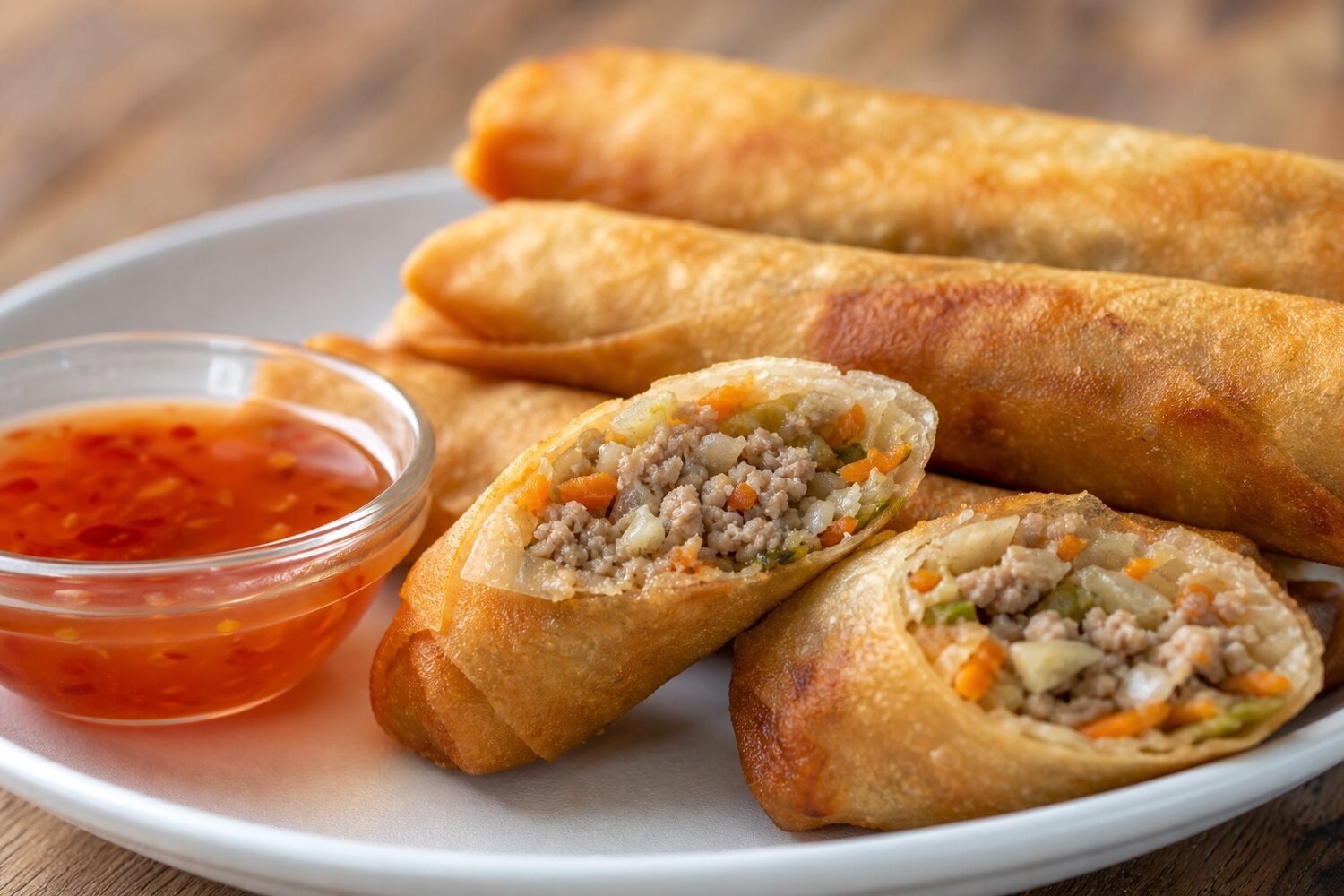 Close-up Filipino lumpia cut open to show pork and vegetable filling with sweet chili sauce.