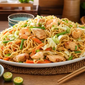 Filipino pancit canton stir-fried noodles with chicken, shrimp, cabbage, carrots, green beans, scallions, and calamansi.