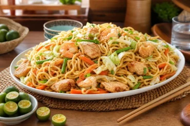 Filipino pancit canton stir-fried noodles with chicken, shrimp, cabbage, carrots, green beans, scallions, and calamansi.