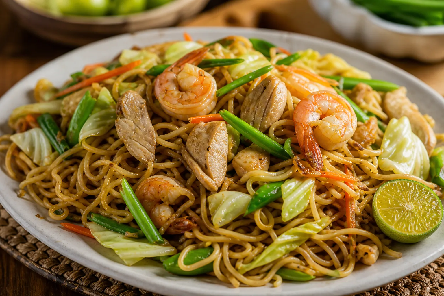 A close-up serving of pancit canton with glossy noodles, shrimp, chicken, cabbage, carrots, green beans, and calamansi.