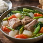 Filipino sinigang na baboy sour pork soup with tender pork, daikon, green beans, tomatoes, leafy greens, and steamed rice.