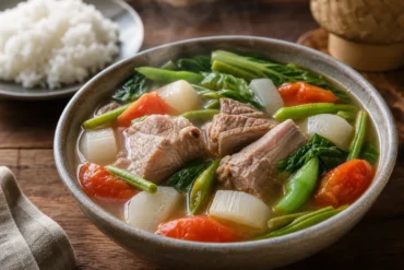 Filipino sinigang na baboy sour pork soup with tender pork, daikon, green beans, tomatoes, leafy greens, and steamed rice.