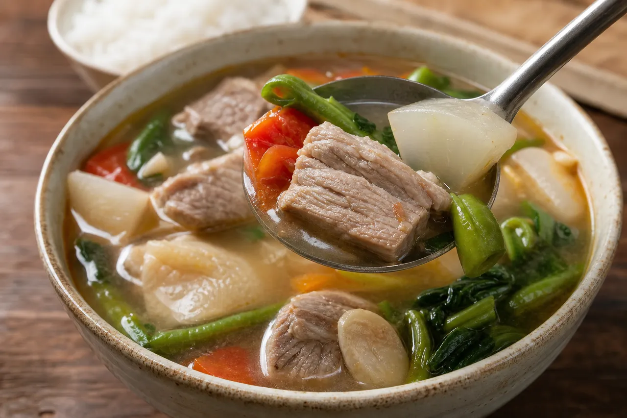 A close-up serving of Filipino sinigang with tender pork, daikon, green beans, tomato, leafy greens, and clear sour broth.