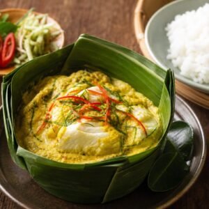 Cambodian fish amok with tender white fish in silky coconut custard, kaffir lime, herbs, and banana leaf.