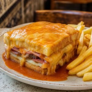 A Portuguese Francesinha sandwich covered with melted cheese and tomato beer sauce, served with fries.
