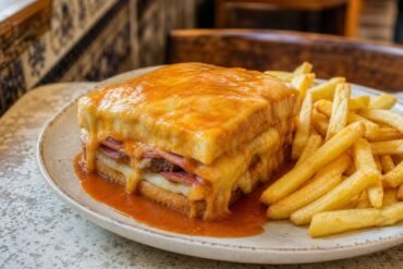A Portuguese Francesinha sandwich covered with melted cheese and tomato beer sauce, served with fries.