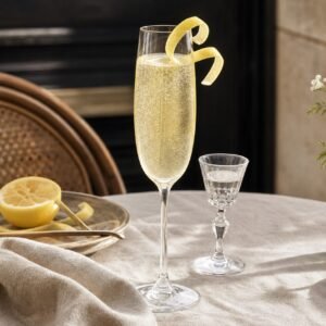 A pale gold French 75 cocktail with fine bubbles and a lemon twist in a champagne flute.