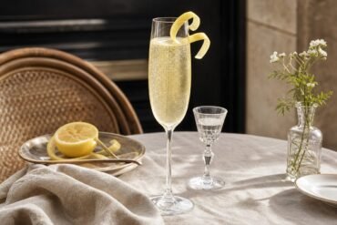 A pale gold French 75 cocktail with fine bubbles and a lemon twist in a champagne flute.