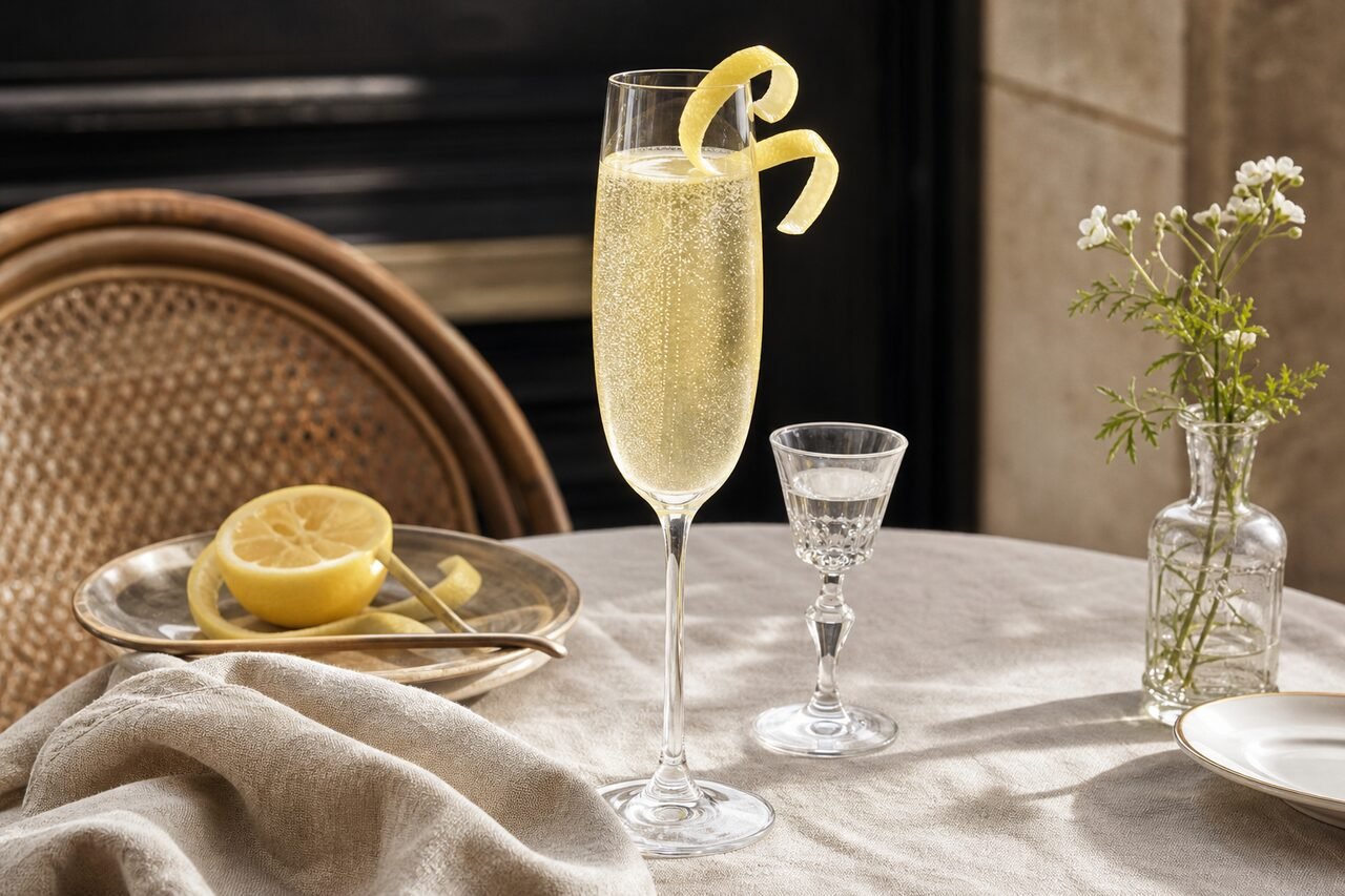 A pale gold French 75 cocktail with fine bubbles and a lemon twist in a champagne flute.