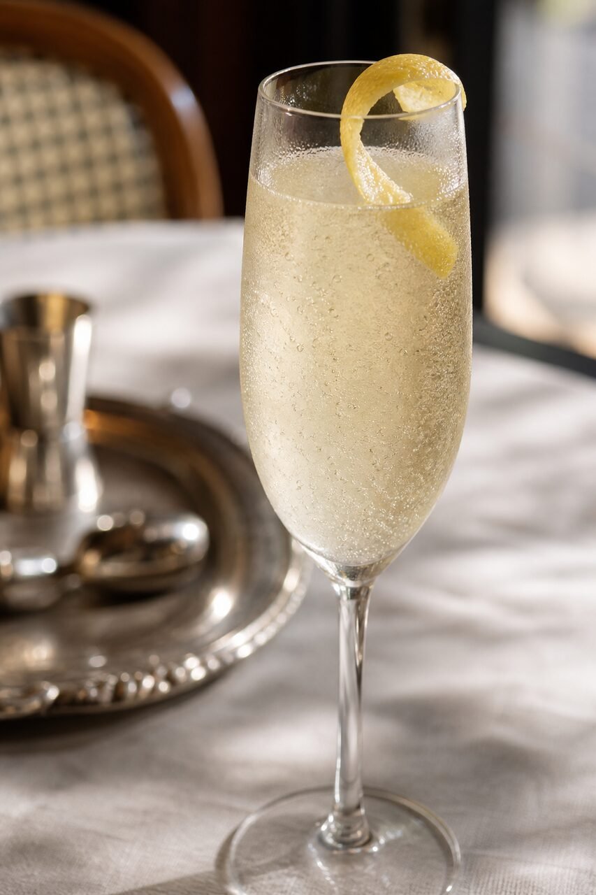 A chilled French 75 cocktail with a lemon twist, fine bubbles, and condensation on the glass.