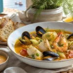 French bouillabaisse with mussels, shrimp, white fish, fennel, tomatoes, saffron broth, and toasted bread.
