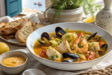 French bouillabaisse with mussels, shrimp, white fish, fennel, tomatoes, saffron broth, and toasted bread.