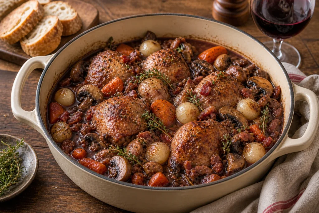 A Dutch oven of French coq au vin with braised chicken, red wine sauce, mushrooms, pearl onions, carrots, bacon, and thyme.