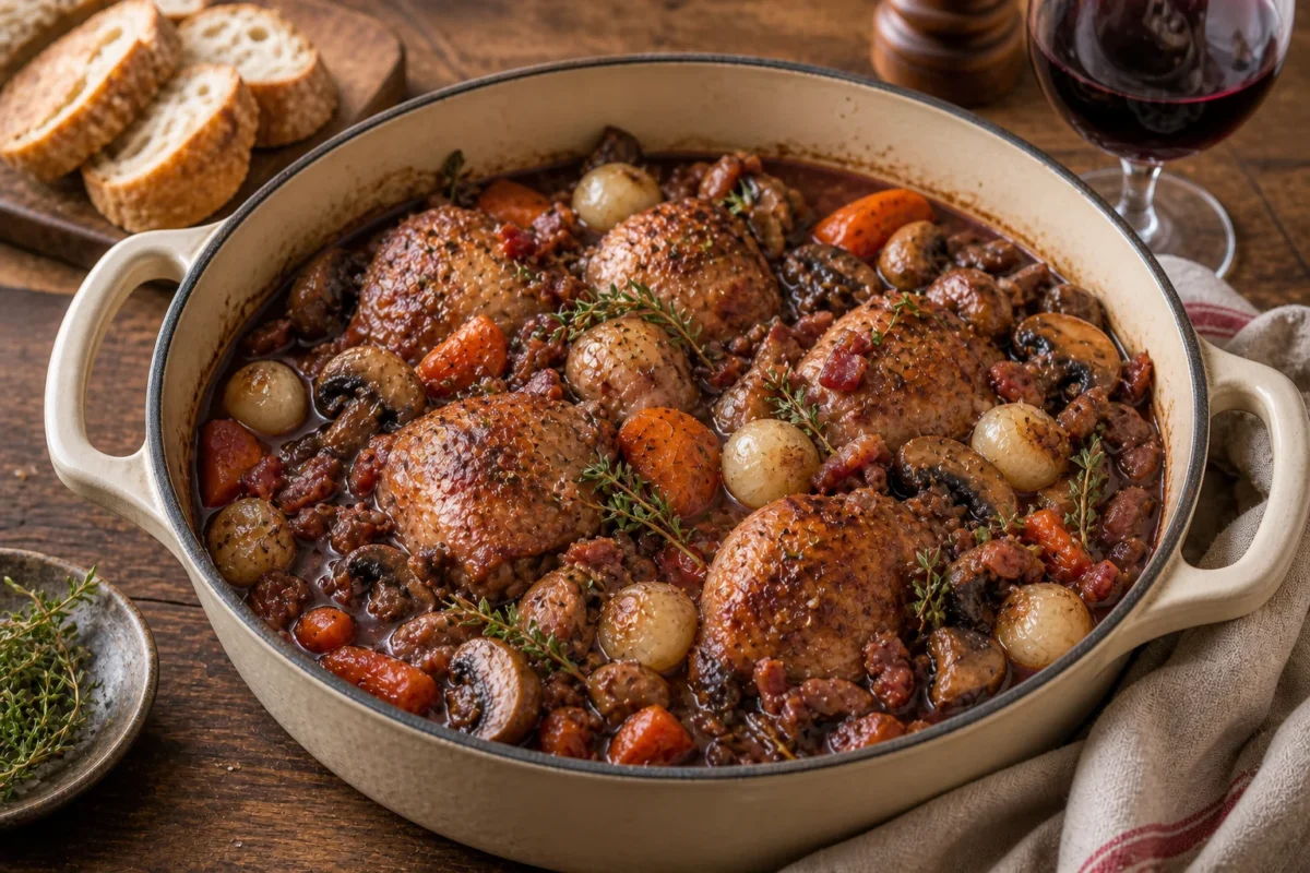 A Dutch oven of French coq au vin with braised chicken, red wine sauce, mushrooms, pearl onions, carrots, bacon, and thyme.