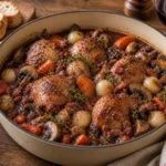 A Dutch oven of French coq au vin with braised chicken, red wine sauce, mushrooms, pearl onions, carrots, bacon, and thyme.