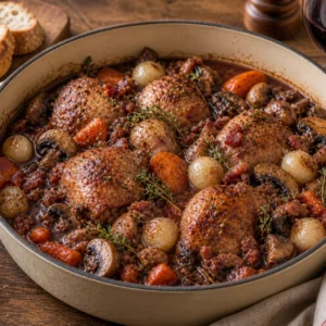 A Dutch oven of French coq au vin with braised chicken, red wine sauce, mushrooms, pearl onions, carrots, bacon, and thyme.