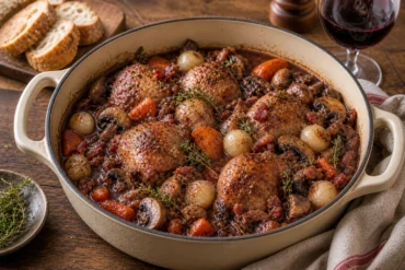 A Dutch oven of French coq au vin with braised chicken, red wine sauce, mushrooms, pearl onions, carrots, bacon, and thyme.