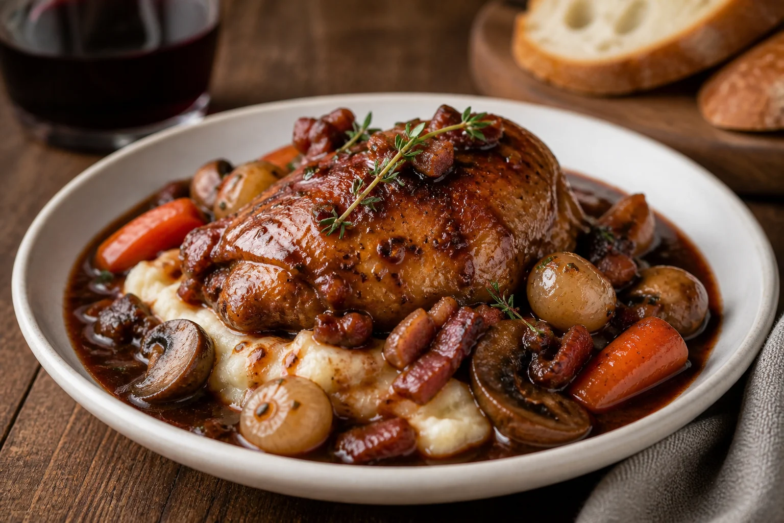A plated serving of French coq au vin with chicken, red wine sauce, pearl onions, mushrooms, carrots, bacon, thyme, and mashed potatoes.