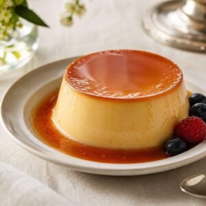 A glossy French creme caramel custard unmolded with amber caramel sauce and a few berries.