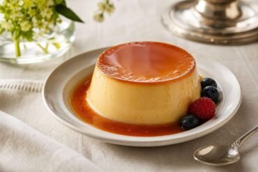 A glossy French creme caramel custard unmolded with amber caramel sauce and a few berries.