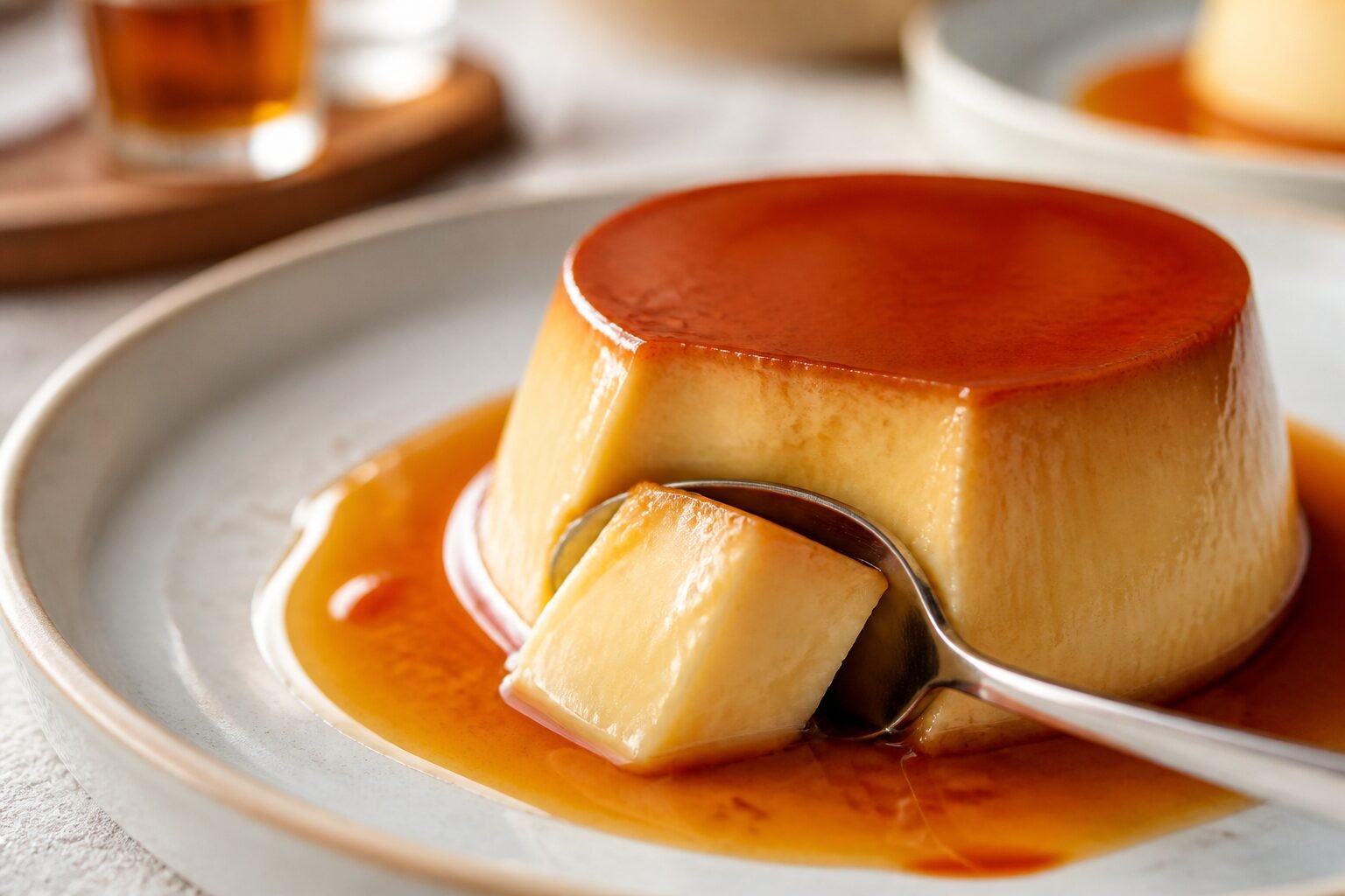 A spoon cuts into silky French creme caramel with amber caramel pooling around the custard.