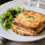 A golden French croque monsieur with ham, melted Gruyere, béchamel, and a green salad.