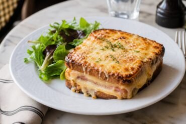 A golden French croque monsieur with ham, melted Gruyere, béchamel, and a green salad.