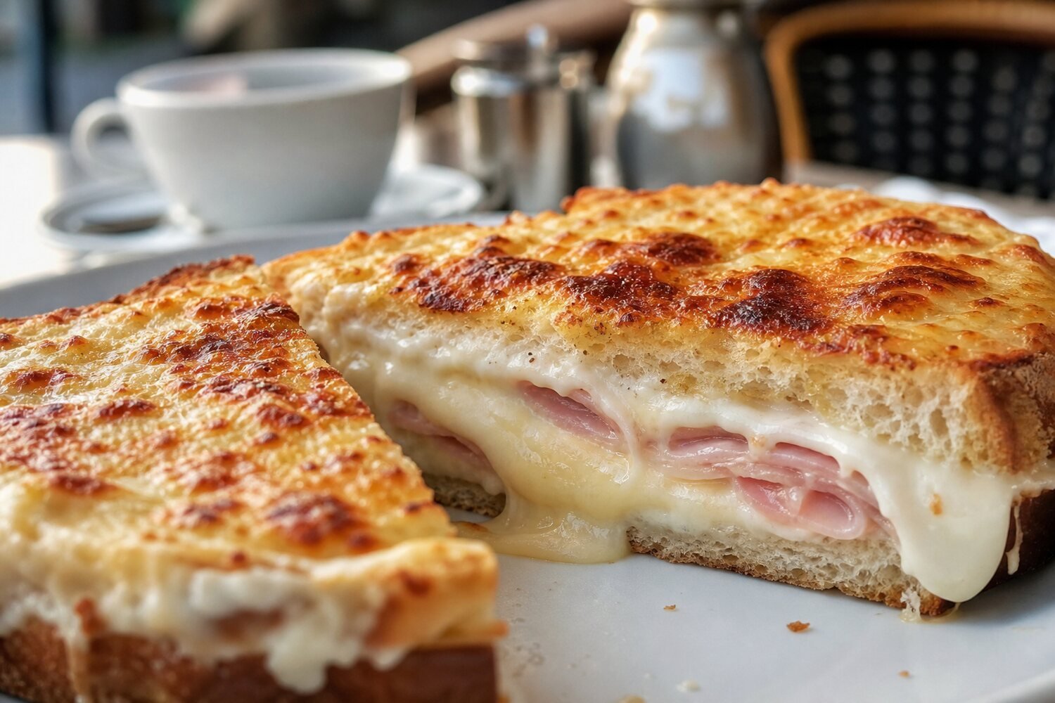 Close-up croque monsieur showing toasted bread, ham, melted Gruyere, and béchamel.