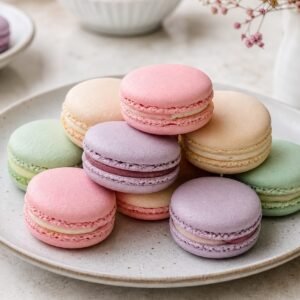 Pastel French macarons with smooth shells and creamy fillings on a dessert plate.