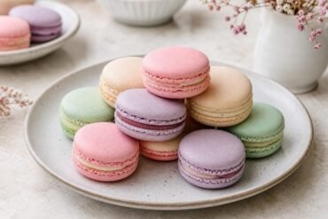 Pastel French macarons with smooth shells and creamy fillings on a dessert plate.