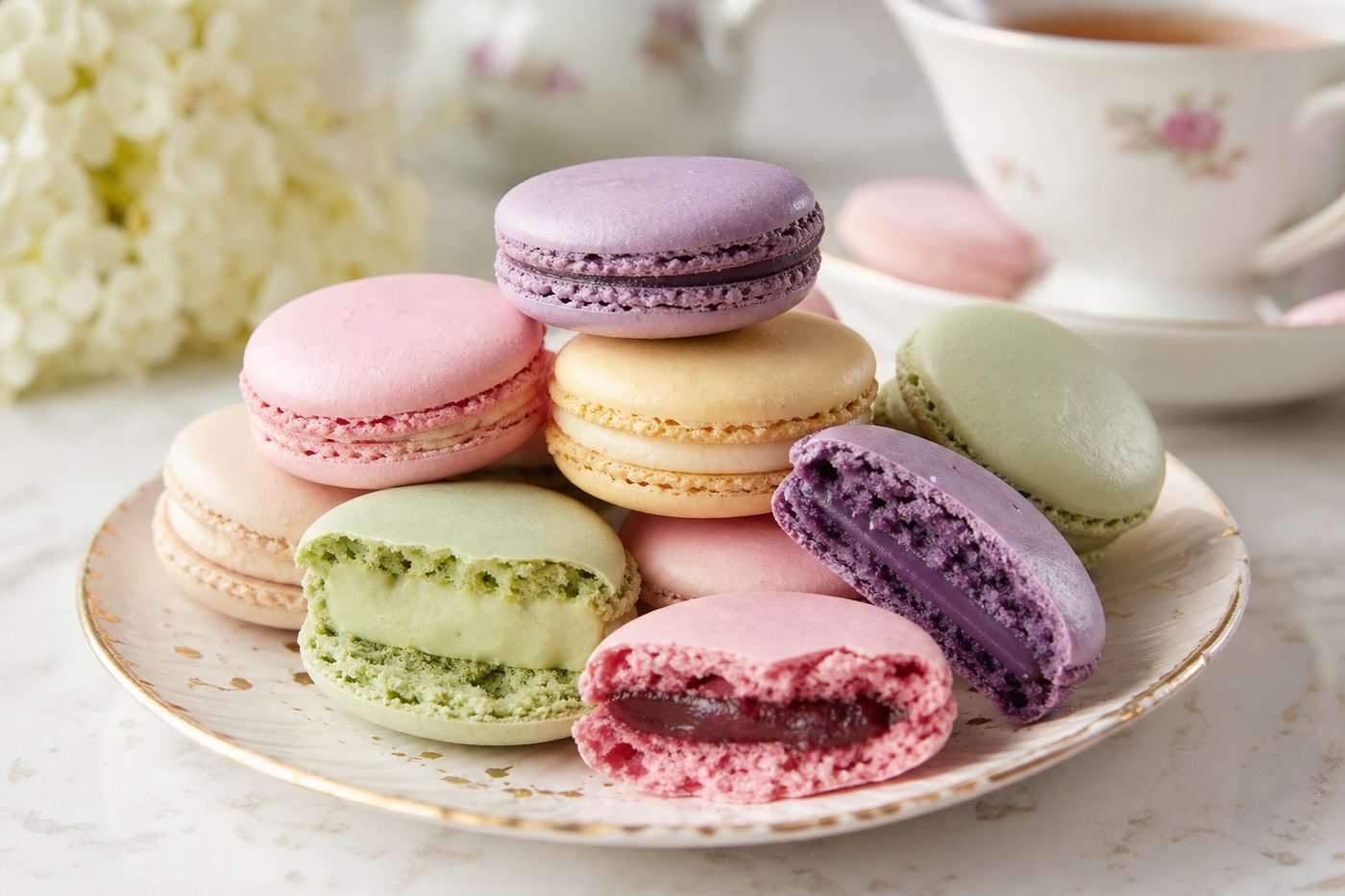 Close serving of pastel French macarons with visible fillings and tea in the background.