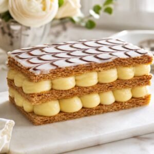 French mille-feuille with crisp puff pastry, vanilla pastry cream, fondant glaze, and chocolate feathering.
