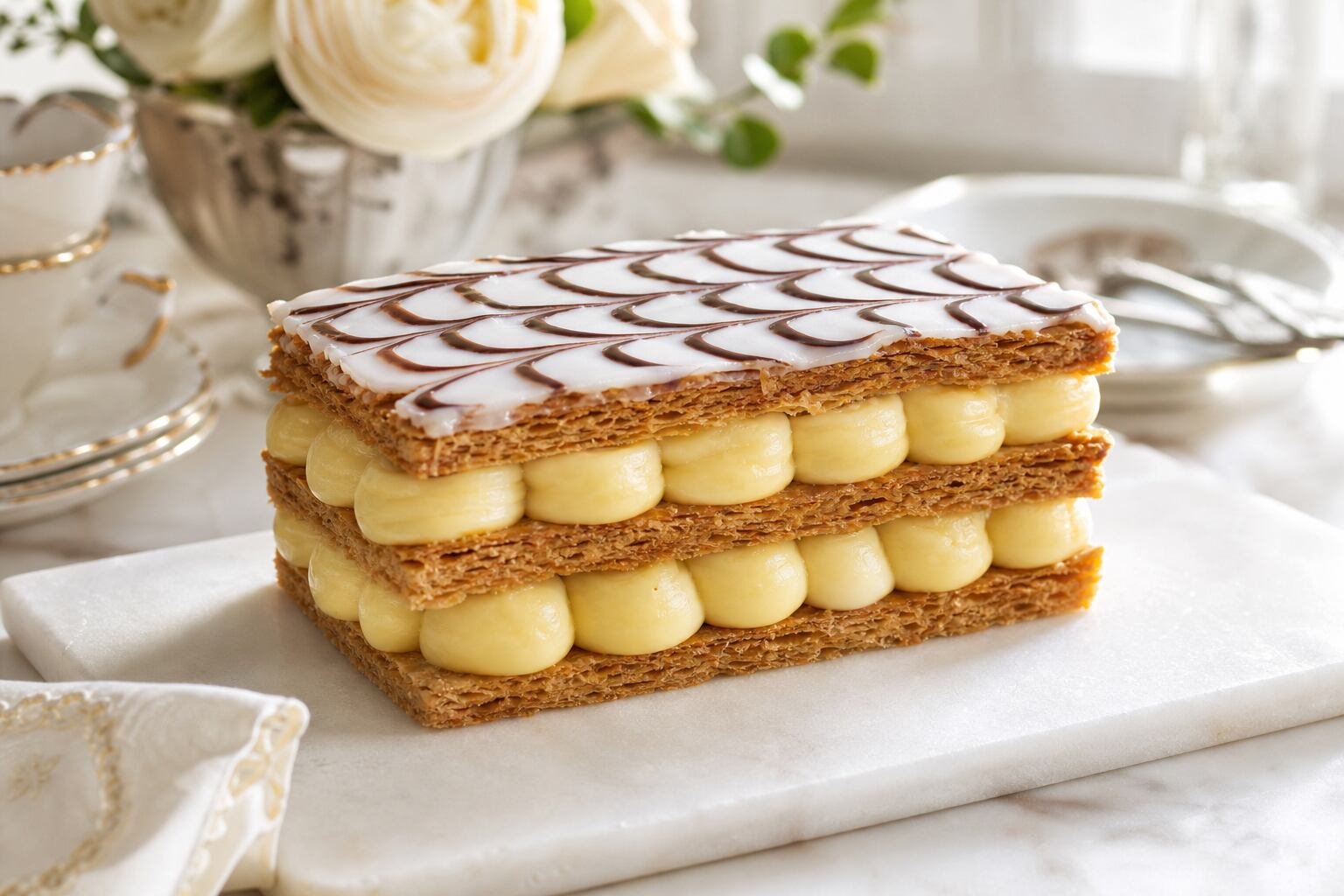French mille-feuille with crisp puff pastry, vanilla pastry cream, fondant glaze, and chocolate feathering.