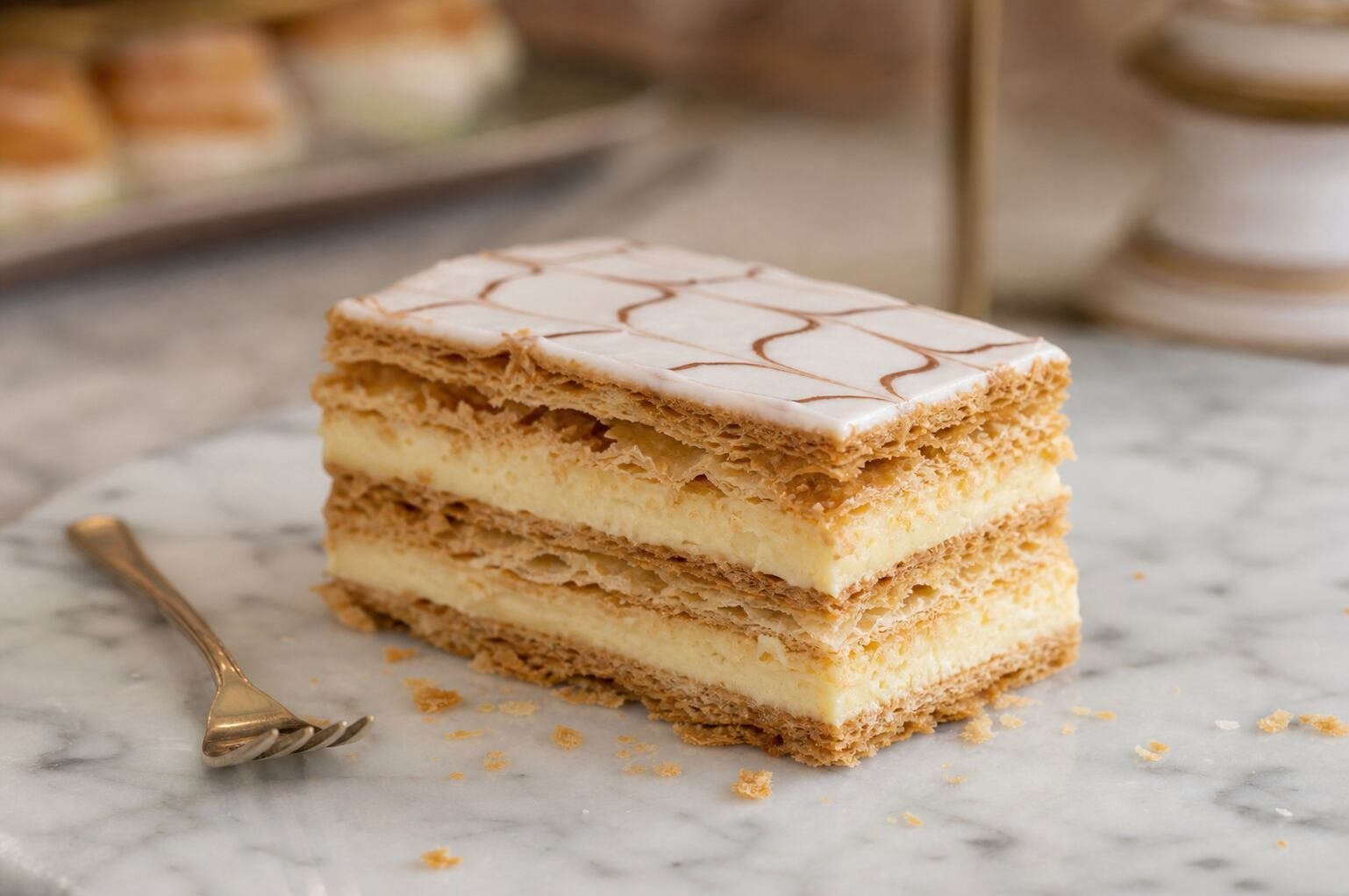 A clean slice of French mille-feuille showing flaky pastry and distinct vanilla cream layers.