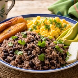 Costa Rican gallo pinto with black beans, rice, fried egg, plantain, avocado, cheese, and cilantro.