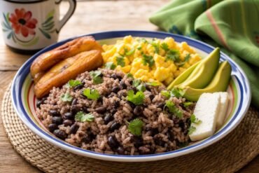 Costa Rican gallo pinto with black beans, rice, fried egg, plantain, avocado, cheese, and cilantro.