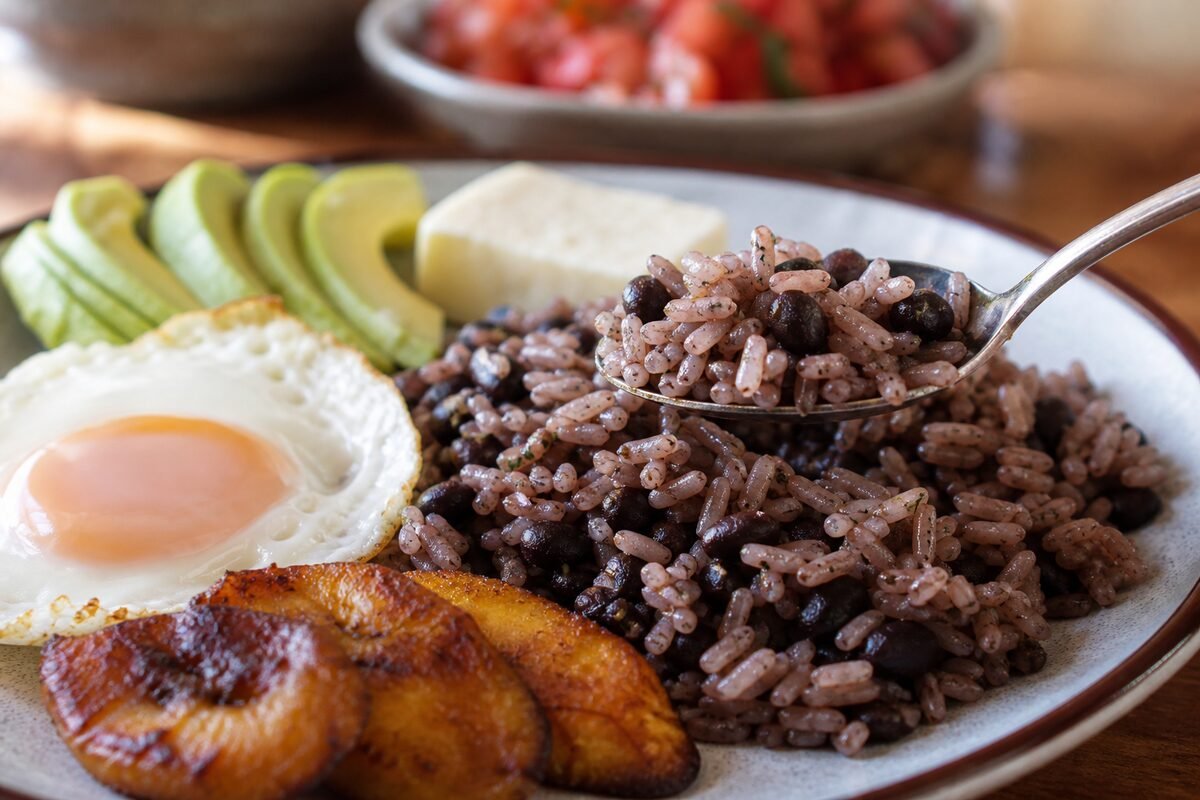 Close serving of Costa Rican gallo pinto with black bean rice, fried egg, plantain, avocado, and cheese.