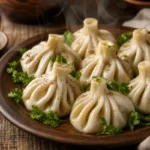 Steaming Georgian khinkali meat dumplings with pleated tops served on a rustic plate.