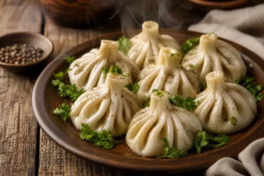 Steaming Georgian khinkali meat dumplings with pleated tops served on a rustic plate.