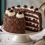 A German Black Forest cake with chocolate sponge, whipped cream, dark cherries, chocolate shavings, and a cut slice showing the layers.