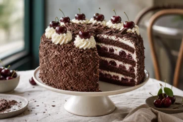 A German Black Forest cake with chocolate sponge, whipped cream, dark cherries, chocolate shavings, and a cut slice showing the layers.