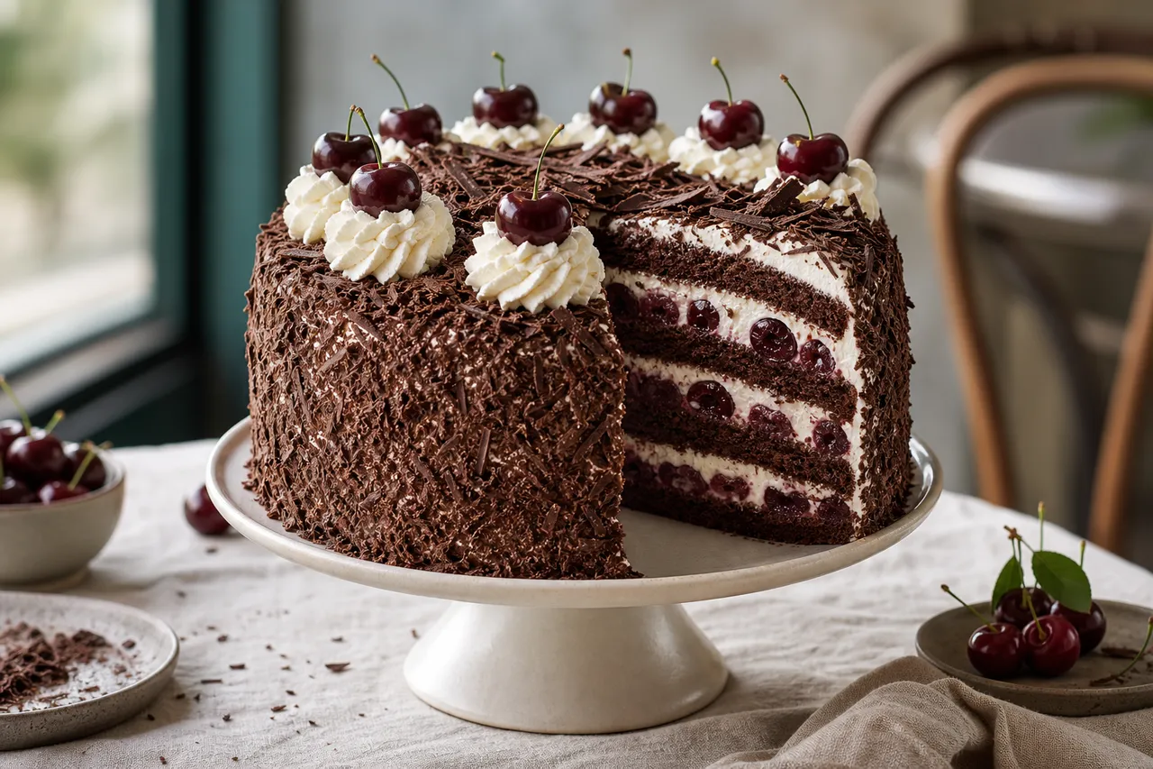 A German Black Forest cake with chocolate sponge, whipped cream, dark cherries, chocolate shavings, and a cut slice showing the layers.
